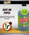 Bottle of 2-liter Slow Drain Build Up Remover with bacterial enzyme formula, safe on pipes, with warranty badge