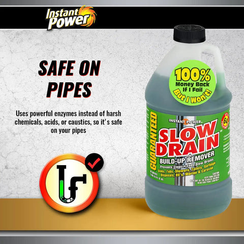 Bottle of 2-liter Slow Drain Build Up Remover with bacterial enzyme formula, safe on pipes, with warranty badge