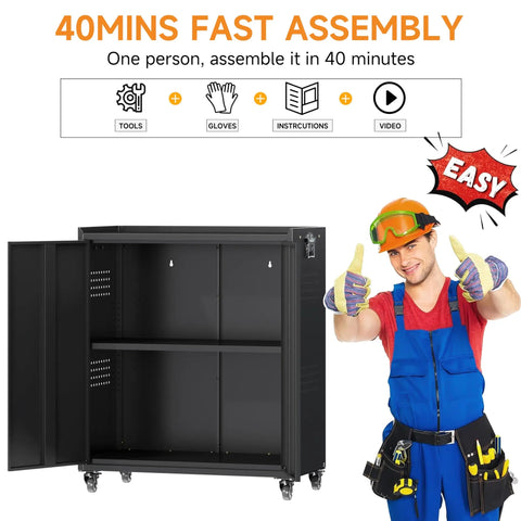 Durable Heavy Duty 34 Inch Steel Garage Storage Cabinet Featuring Smooth Roll Caster Wheels And Adjustable Shelf Layouts For Secure Locking And Shop Grade Black Tool Storage