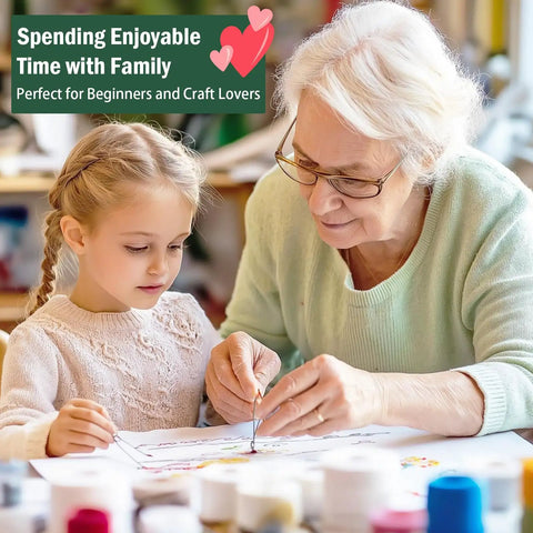 Beginner Embroidery Stitch Book With Detachable Fabric Panels, woman and child engaging in DIY needlepoint tutorials