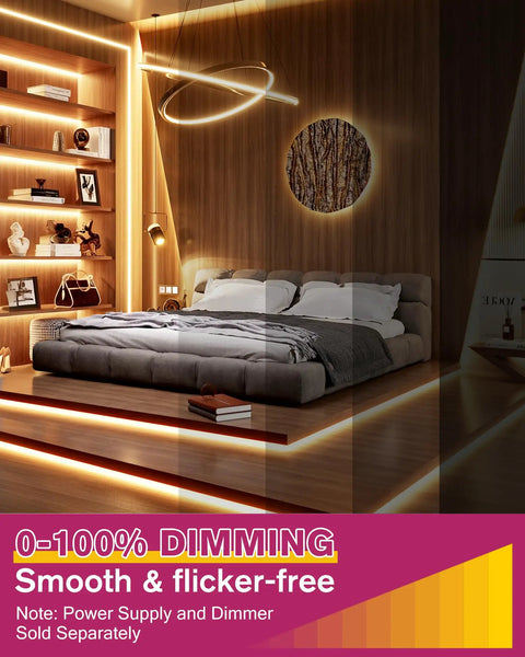 Warm White LED Strip Light 2700K 24V High CRI 95 Easy Install IP30 25ft Spool lighting under bed and shelves in bedroom