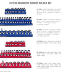 Six Pack Magnetic Socket Organizer Set For 1/4, 3/8, And 1/2 Inch Drive Sockets, SAE And Metric Compatible, Red And Blue Trays Display