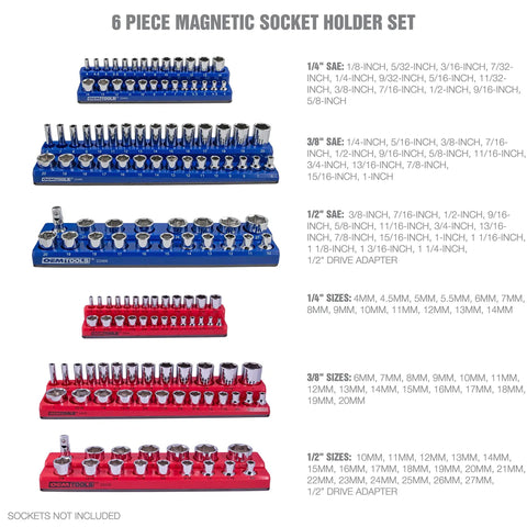 Six Pack Magnetic Socket Organizer Set For 1/4, 3/8, And 1/2 Inch Drive Sockets, SAE And Metric Compatible, Red And Blue Trays Display