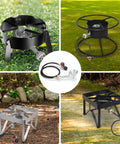 Beefy Cast Iron Propane Burner Head With 20 PSI Regulator And Hose, various models shown for heavy-duty outdoor cooking