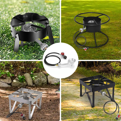 Beefy Cast Iron Propane Burner Head With 20 PSI Regulator And Hose, various models shown for heavy-duty outdoor cooking