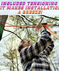 Man installing Backyard Zipline Kit For Kids And Adults With Stainless Steel Spring Brake and tensioning kit on trees.