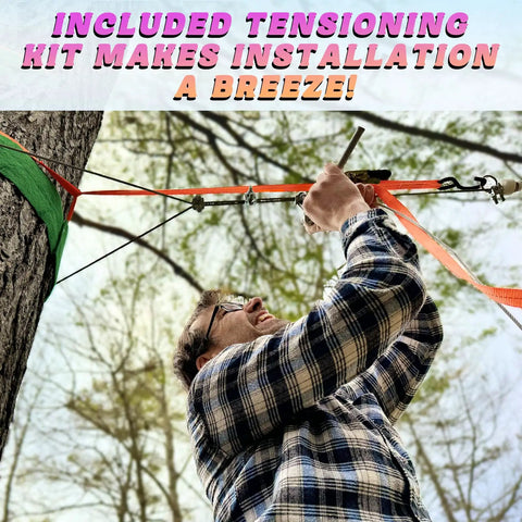 Man installing Backyard Zipline Kit For Kids And Adults With Stainless Steel Spring Brake and tensioning kit on trees.