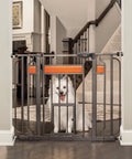Home Design Extra Wide Walk Thru Pet Gate With Small Pet Door 10x7 installed in hallway with decor hardwood look, 30 inch tall