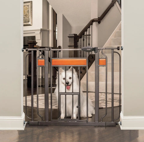 Home Design Extra Wide Walk Thru Pet Gate With Small Pet Door 10x7 installed in hallway with decor hardwood look, 30 inch tall