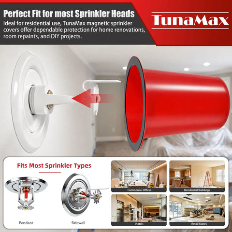Paint Proof Magnetic Fire Sprinkler Head Covers 10 Pack Reusable Overspray Shields For Contractor Renovation And Interior Painting Jobsites In Bold Red, displayed with a white ceiling sprinkler and installation guidance.