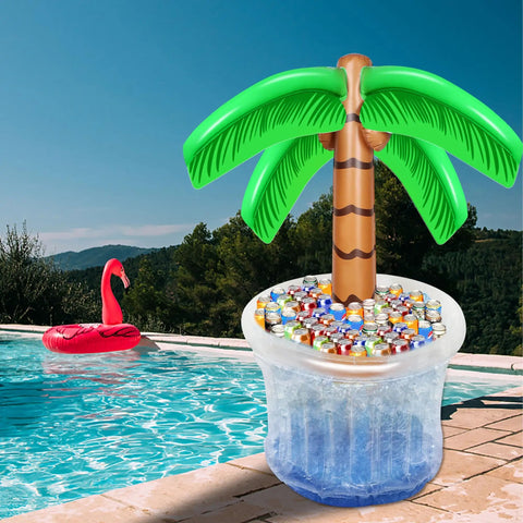 Set Of 2 Inflatable 60 Inch Palm Tree Coolers For Pool Parties Tropical Hawaiian Theme Beverage Floats Beach Party Decor Summer Outdoor Fun Chill And Sip Cooler Accessories by poolside with drinks