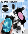 40X-5000X Compound Trinocular Microscope With 5MP Camera Abbe Condenser 30 Slides And Wireless Imaging showing mobile display