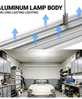 8 Foot LED Shop Light With 140W Output And 17000 Lumens, 5000K Daylight installed in a garage lighting up workspaces below