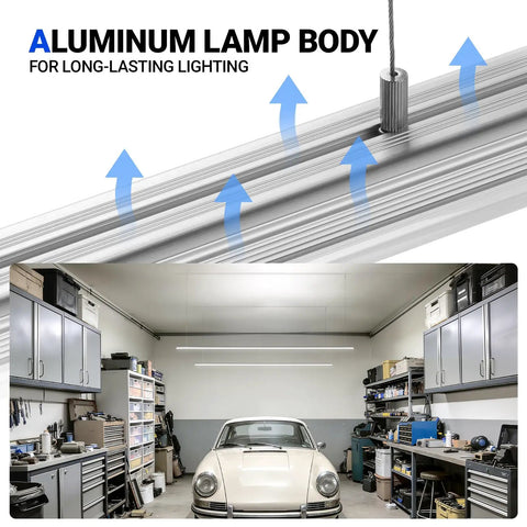 8 Foot LED Shop Light With 140W Output And 17000 Lumens, 5000K Daylight installed in a garage lighting up workspaces below