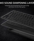 Top Shelf Wireless 75 Percent Gaming Keyboard Featuring Hot Swap MLX Tactile Switches showing dual sound dampening layers.