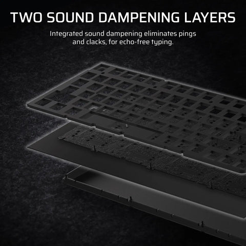 Top Shelf Wireless 75 Percent Gaming Keyboard Featuring Hot Swap MLX Tactile Switches showing dual sound dampening layers.
