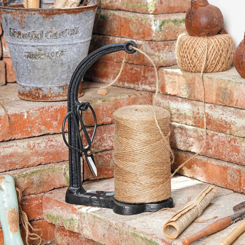 Cast Iron Twine Holder Set With 1300ft Natural Jute Twine, Rope Rack and Scissors, Antique Sewing Machine Style, Black Finish