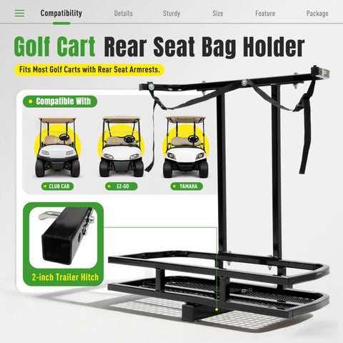 Heavy Duty Golf Cart Rear Seat Bag Holder Rack For 2 Inch Receiver Fits EZGO Yamaha Club Car Steel Powder Coated Black