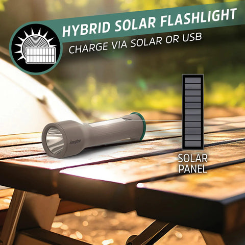 Hybrid Powered LED Flashlight With Solar And AA Battery Options on wooden table with solar panel illustration, outdoors