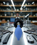 Blue Rubber Soft Cleaning Tool For Wristwatch Parts On The Go, Dust Air Blower Pump in watch repair setting, pocket size.