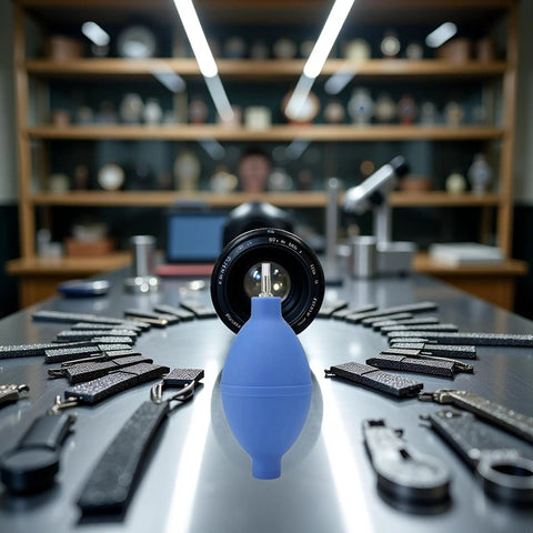 Blue Rubber Soft Cleaning Tool For Wristwatch Parts On The Go, Dust Air Blower Pump in watch repair setting, pocket size.