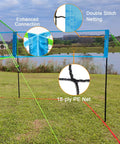 Four Way 14 Foot By 14 Foot Height Adjustable Outdoor Volleyball And Badminton Net Set with Carry Bag in backyard setting
