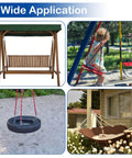 Composite image showing diverse outdoor seating including a patio swing, child on a playground swing, tire swing, and hammock.