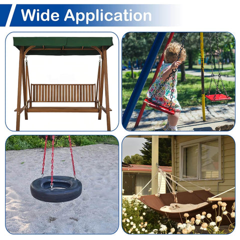 Composite image showing diverse outdoor seating including a patio swing, child on a playground swing, tire swing, and hammock.