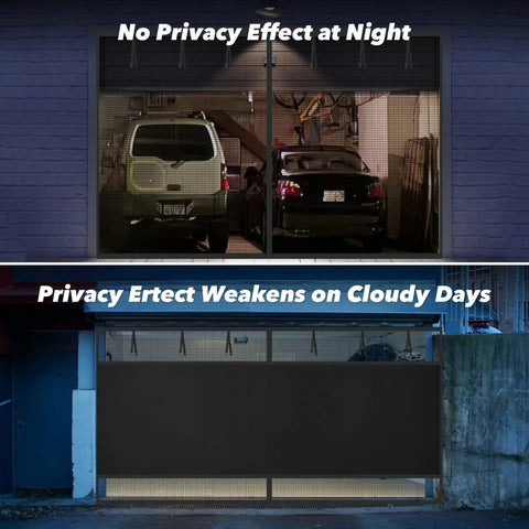 Garage with Magnetic Privacy Garage Door Screen 16x7ft showing no privacy effect at night and weakened privacy on cloudy days