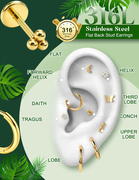 Threadless Flat Back Stud Earrings For Women And Men, 14K Gold Plated 20G, No Screw Push In Design, Easy Cartilage Piercing Jewelry For Everyday Wearing on ear model