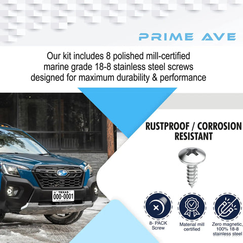 Stainless Steel License Plate Screws Set Eight Pack For Front And Rear Plates Rattle Proof And Rustproof Hardware For Cars Frames And Covers Car Tag Screws That Keep Plates Tight Subaru Compatible next to a parked SUV.
