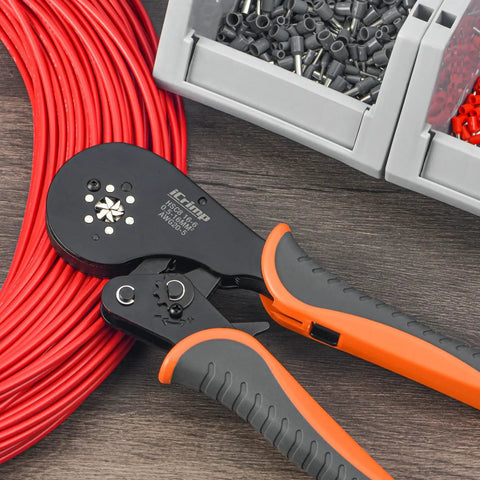 Hexagonal Ratchet Crimp Tool For End Sleeves And Ferrules 0.5-16mm2 AWG 20-5, six serrated jaws, red cables and ferrules