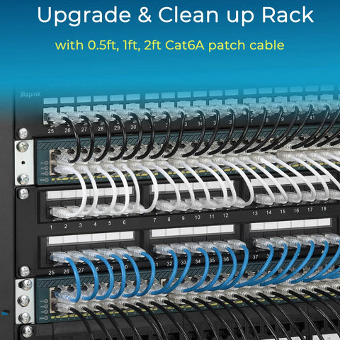 Cat6A Patch Cables 1Ft Shorty 24 Pack Slim Snagless Ethernet Patch Cables installed in network rack