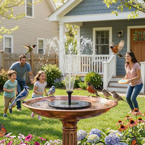 Family enjoying garden view with 2.5W Solar Bird Bath Fountain Pump With 6 Nozzle Patterns, birds around fountain.