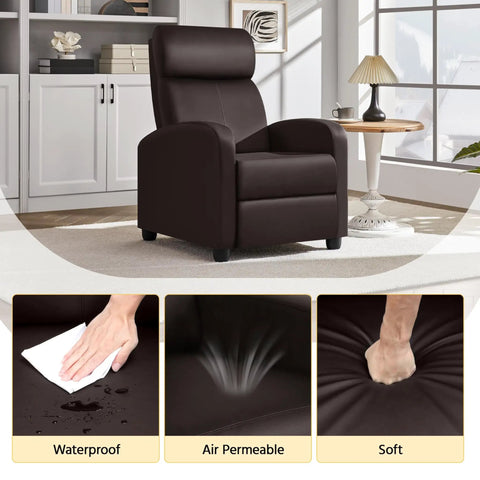 Brown Recliner Chair Featuring Three Position Recline And Plush Faux Leather Upholstery Rugged Wood Frame Engineered For Serious Living Room Comfort Smooth Tilting Action For Kickback Sessions in a cozy living space.