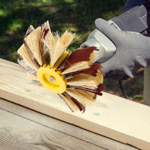 Heavy Grip Sisal Sanding Drum Buffing Wheel For Wood Furniture Polishing And Groove Cleaning in use on wood surface.
