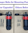 Comparison of upgraded 2 Pin 50 Amp Trolling Motor Plug Receptacle Set with longer bolts and IP67 waterproof connectors.