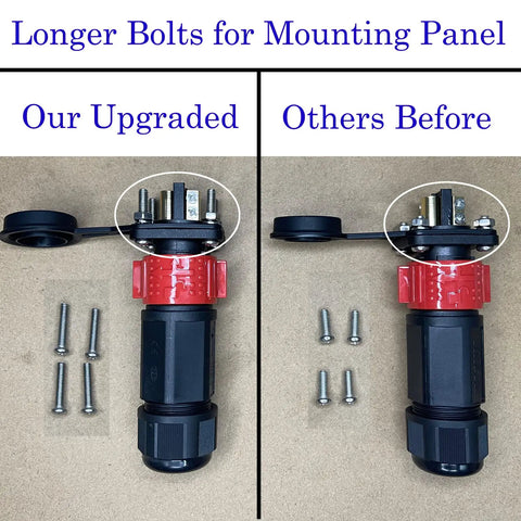 Comparison of upgraded 2 Pin 50 Amp Trolling Motor Plug Receptacle Set with longer bolts and IP67 waterproof connectors.