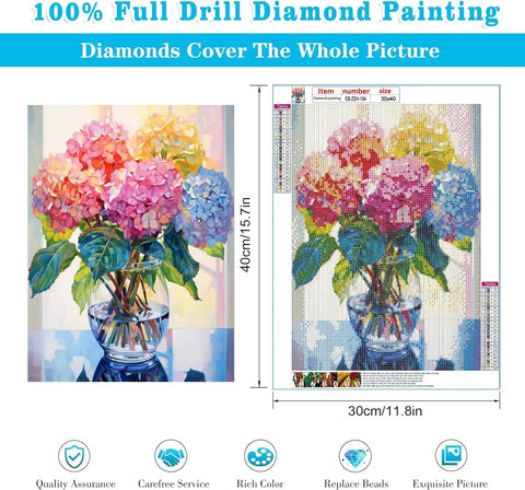 Hydrangea In Glass 5D Diamond Painting Kit For Adults Full Drill Diamond Art DIY Crystal Craft For Beginners Perfect Home Wall Decor Gift 11.8 By 15.7 Inch showing colorful hydrangeas in a glass vase