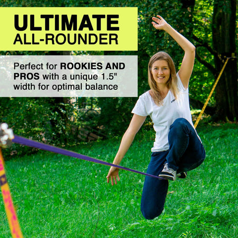 Woman balancing on BananaLama XL Slackline With TreeWear Do It All Slack Line Kit Eighty Two Feet By One Point Five Inch Width