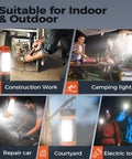 Rechargeable 12000mAh Camping Light With Adjustable Stand And 3 LED Heads in various outdoor and work settings, orange.