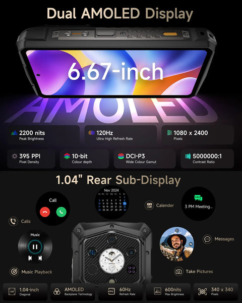 Armor 29 Pro Thermal 5G Rugged Phone With Dual 6.67 Inch AMOLED Dual Screen, 64MP, 50MP, And 50MP Triple Camera, Massive 21200mAh Battery With 120W Fast Charge, 32GB RAM And 512GB/2TB Storage, MTK Dimensity 7400, Android 15, Widevine L1, 1000LM LED Light dual-display view