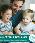 Family reading under flicker-free lamp with child-friendly anti-glare lighting; focus on safe illumination benefits for kids.
