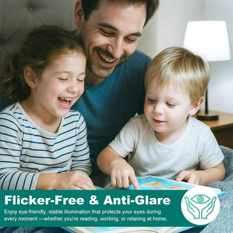 Family reading under flicker-free lamp with child-friendly anti-glare lighting; focus on safe illumination benefits for kids.