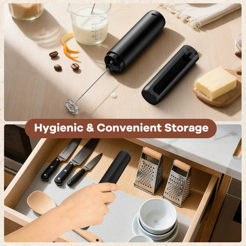 Rechargeable Milk Frother Handheld Wand For Coffee And Lattes Electric Whisk With Cover on kitchen counter and stored in drawer