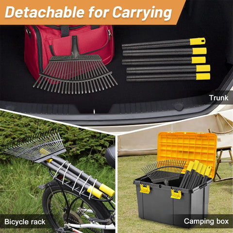 Heavy Duty Leaf Rake With 18 Inch Wide Head And 25 Metal Tines, Adjustable 36 To 78 Inch Handle, in trunk, bike rack, and camping box