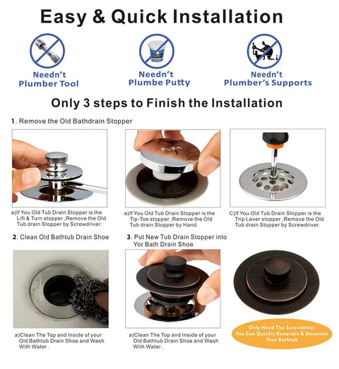 Easy installation guide for Slick Universal Bathtub Drain Stopper And Cover Fits Lift And Turn Tip Toe Drains Easy Hair Removal No Sweat Swap Oil Rubbed Bronze Tub Replacement Plate.