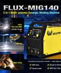 140A 5-In-1 Flux Core MIG Welder For 110V And 220V Dual Voltage with LED display, shown with accessories and welding applications