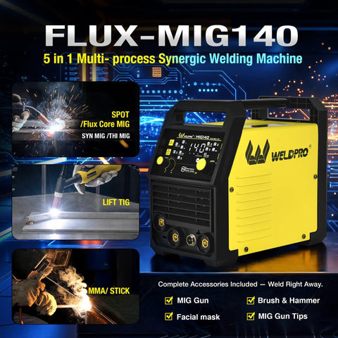 140A 5-In-1 Flux Core MIG Welder For 110V And 220V Dual Voltage with LED display, shown with accessories and welding applications