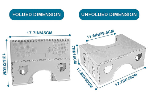 Folded and unfolded dimensions of Foldable Toilet Stool 7 Inch Height Portable Travel Foot Stool For Better Squatting Posture Anti Slip Feet